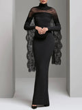 Lace Cape Ribbed Knit Maxi Dress