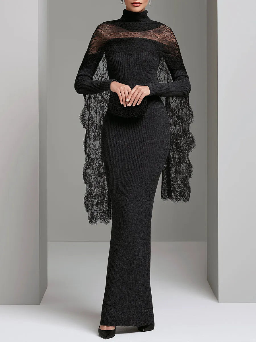 Lace Cape Ribbed Knit Maxi Dress