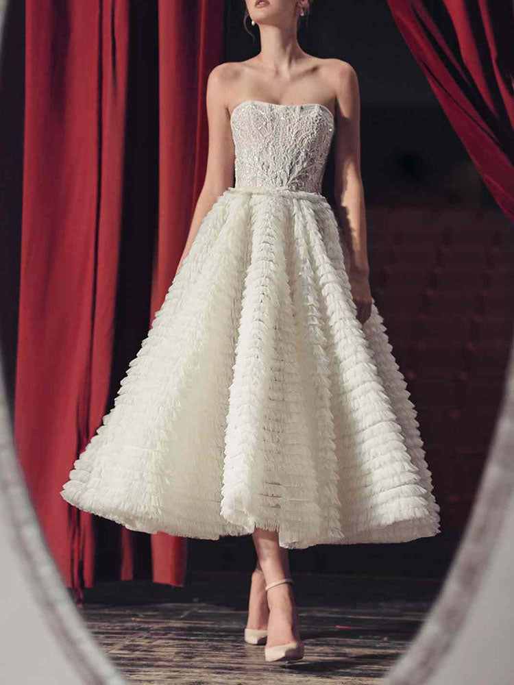 Wedding Bandeau Backless Jacquard A-Line White Midi Dresses