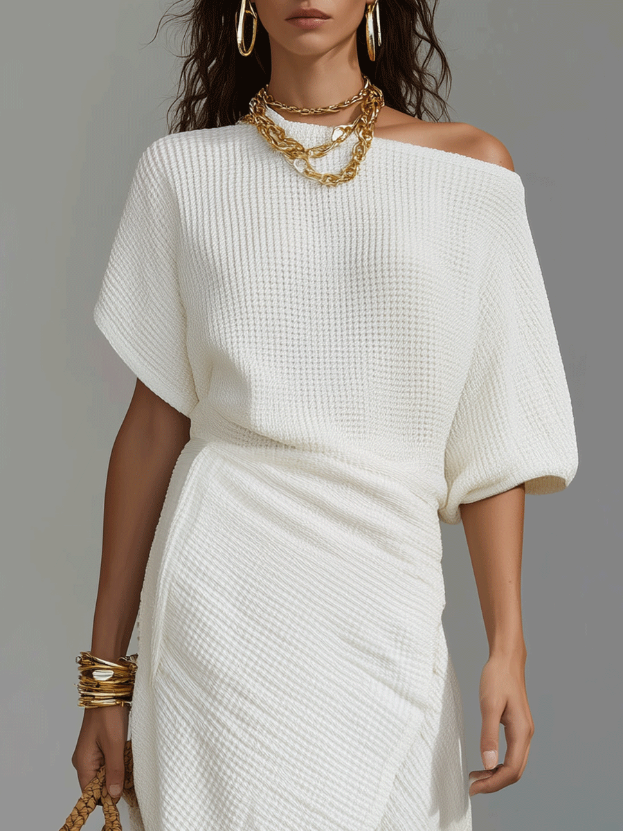 Bohemian Textured Resort Ivory One-Shoulder Midi Dress
