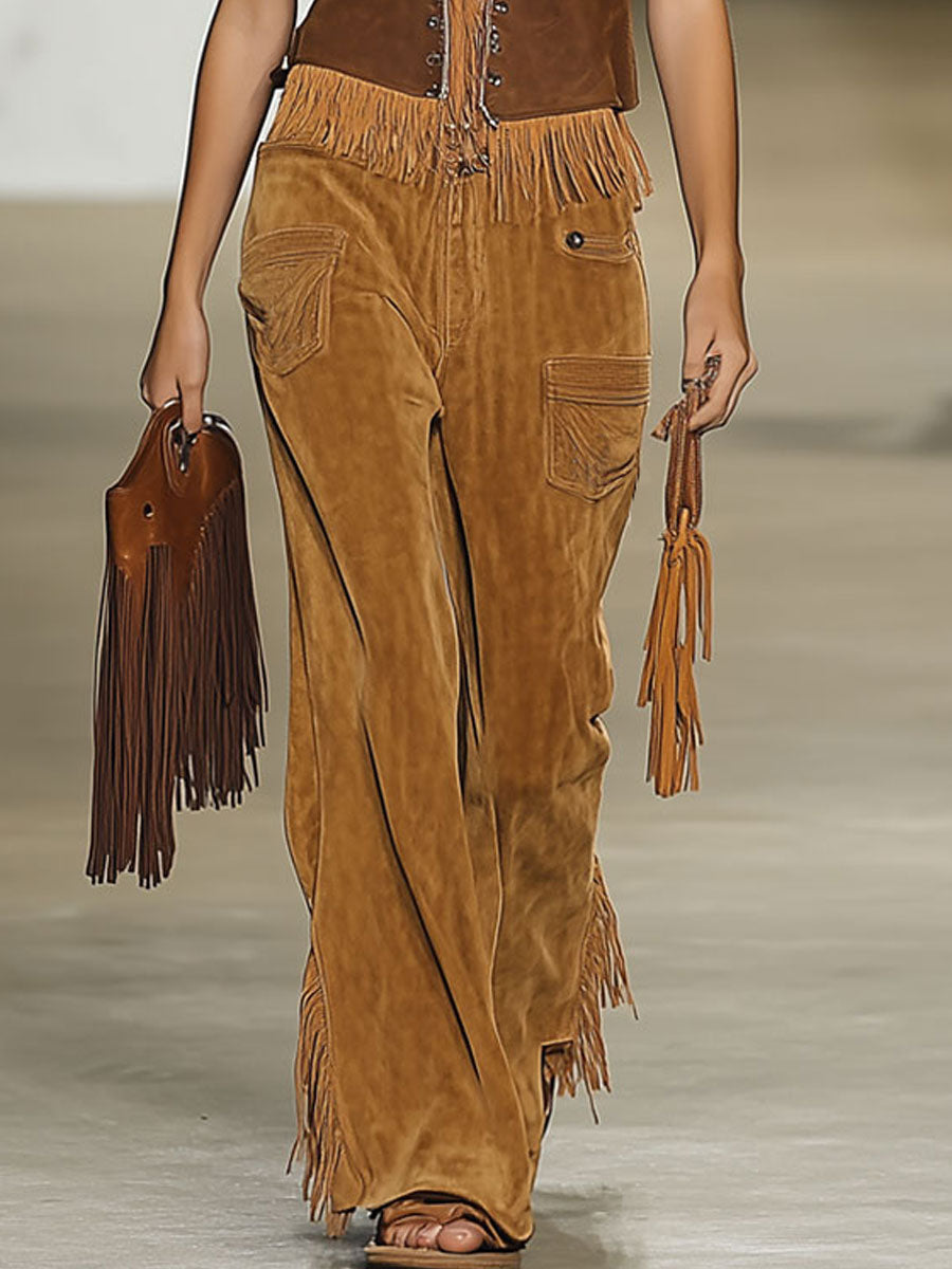 [24-hour shipping out]Casual Loose Vintage Caramel Suede Rivet Tassel Wide Leg Pants
