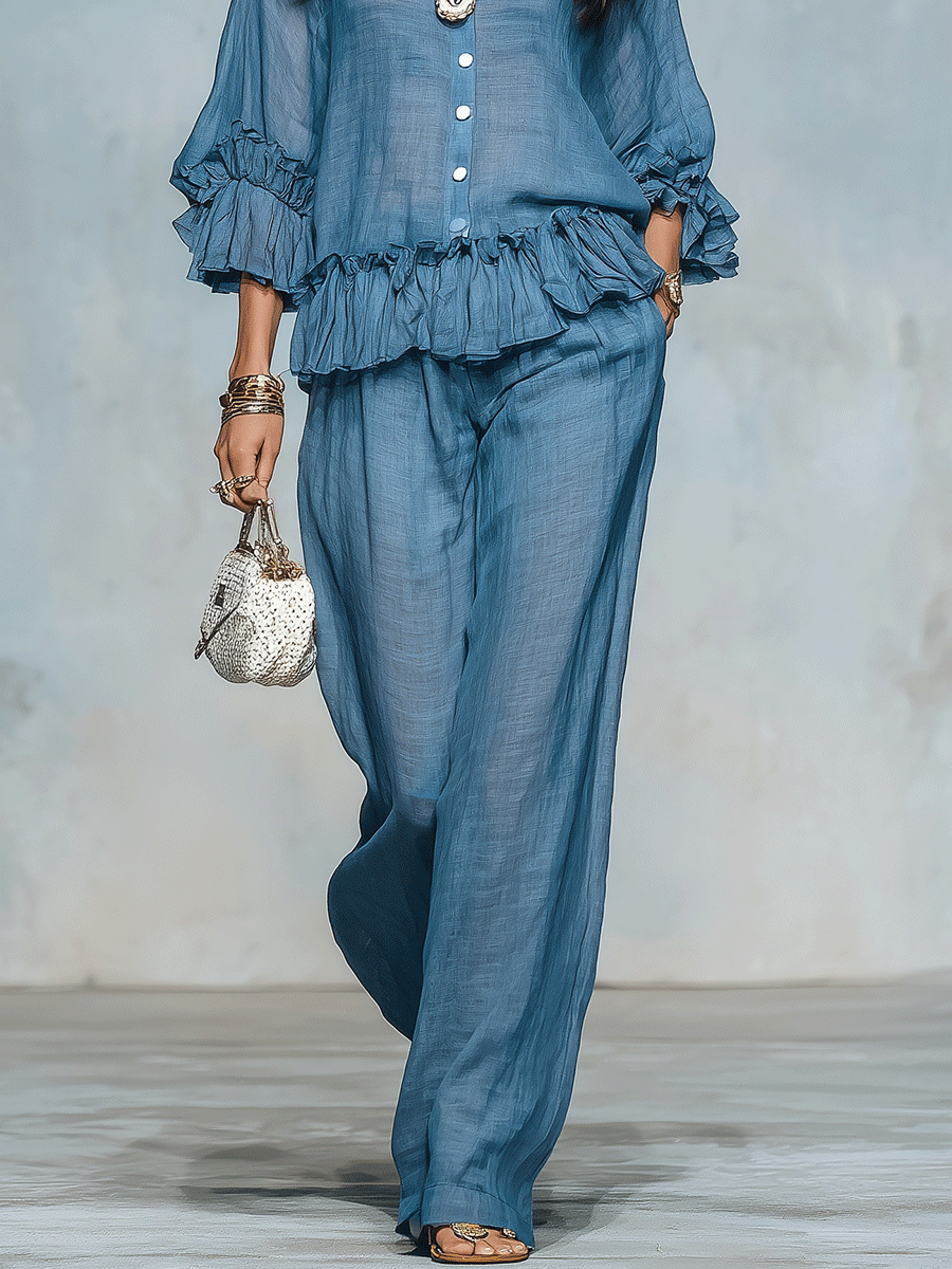 Women's Sheer Ruffle Blouse & Wide Leg Pants Two-Piece Set