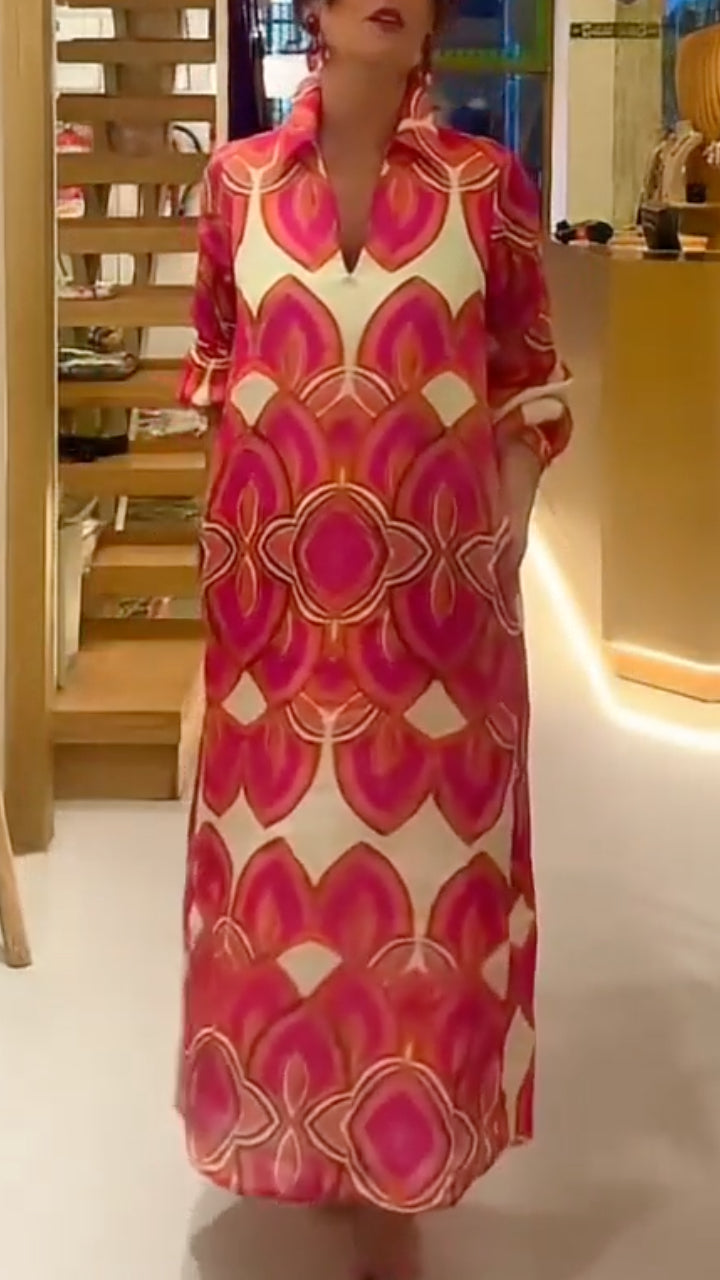 Geometric Print Shirt Collar Maxi Dress