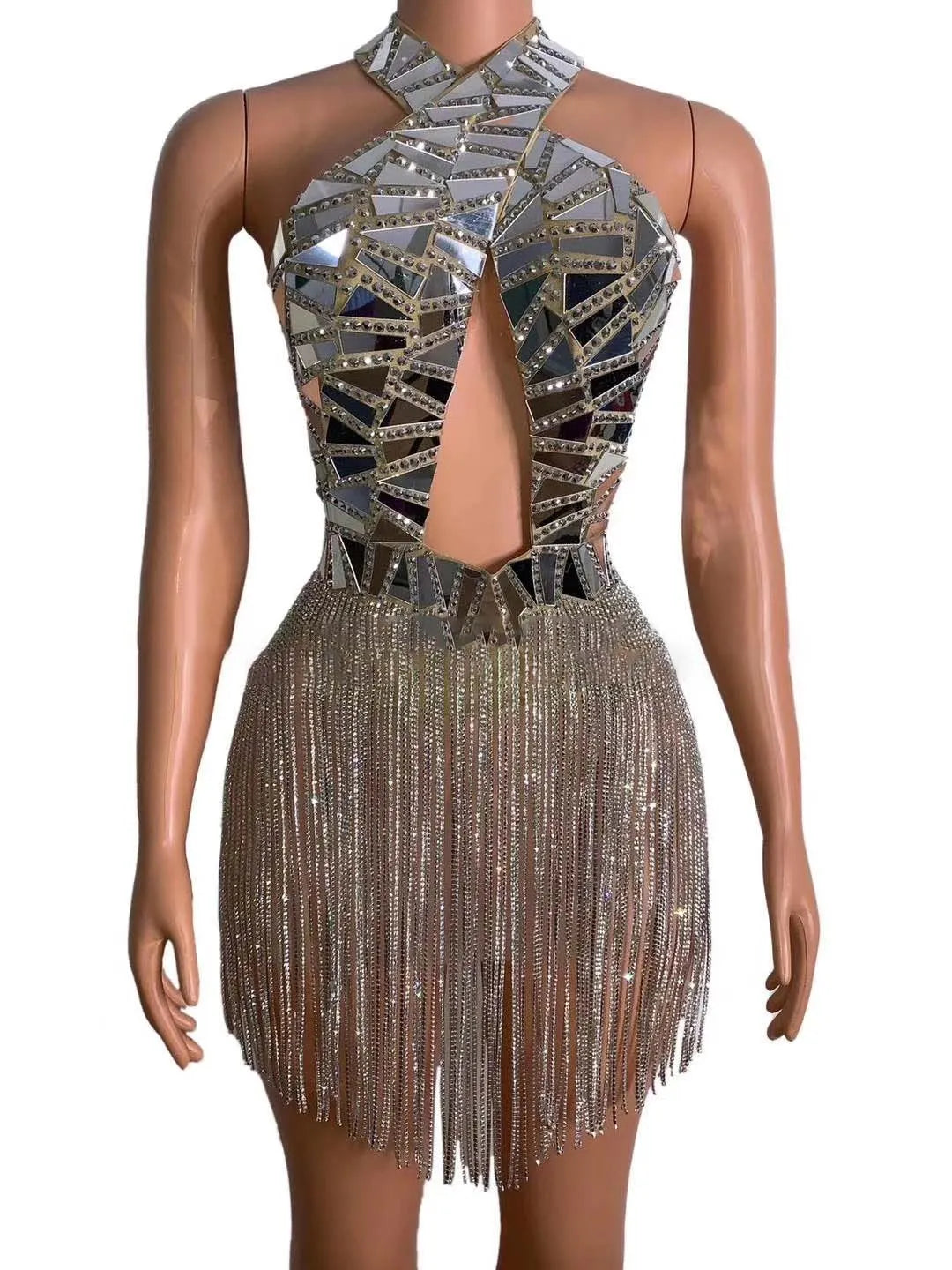 Neosepa-Sleeveless rhinestone tassel embellished mini dress