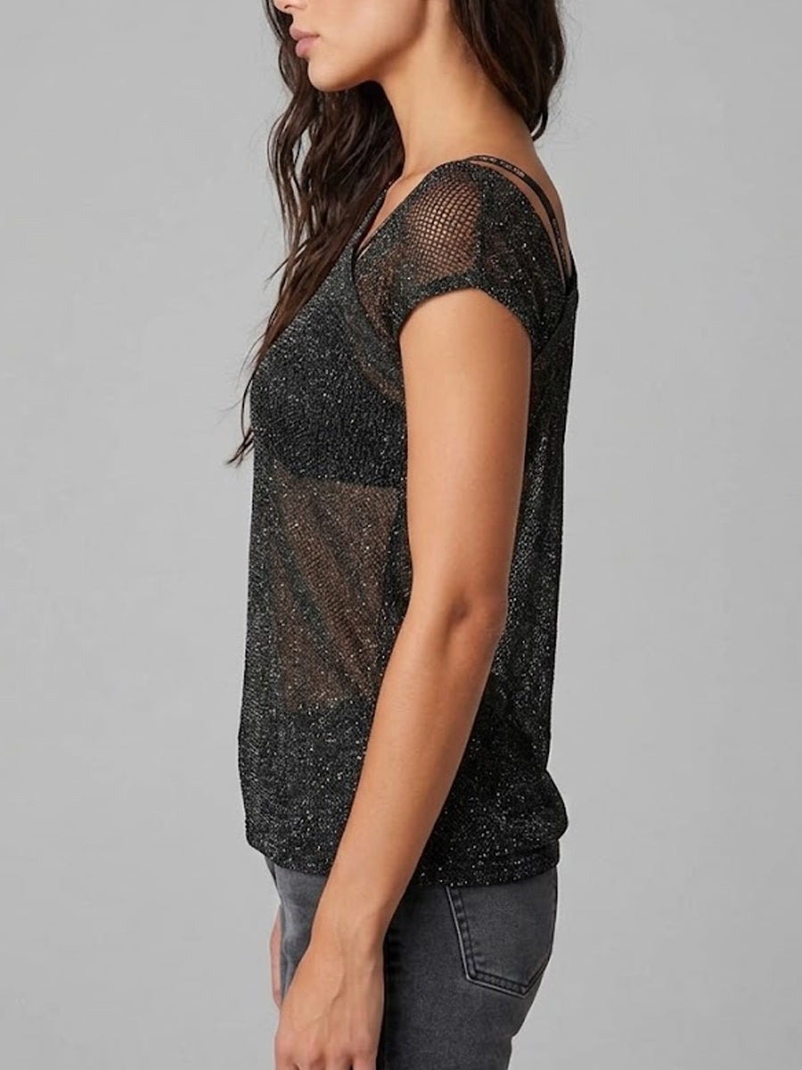 Women's Black Off-shoulder Mesh Shiny Knitted Top