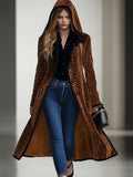 [24-hour shipping out]Casual Loose Vintage Velvet Leopard Print Black Trim Hooded Long Coat