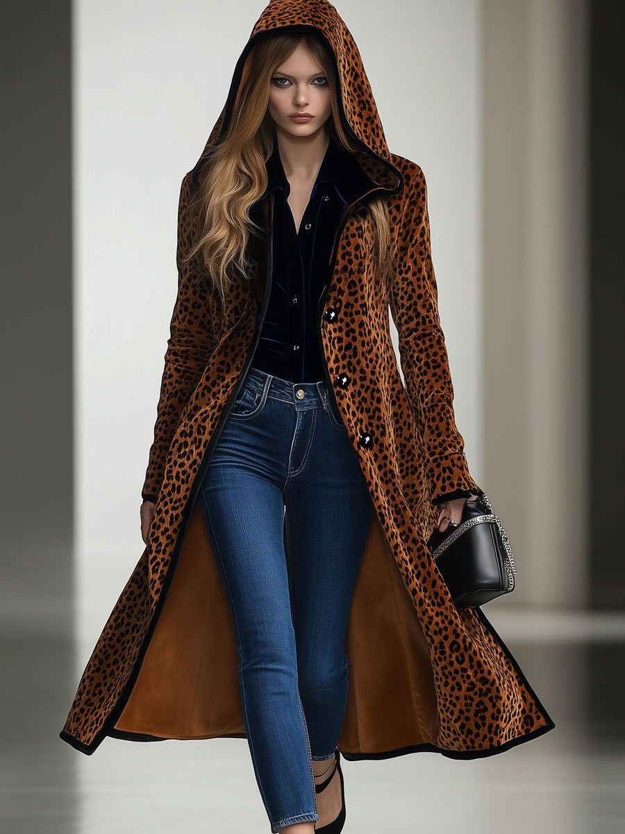 [24-hour shipping out]Casual Loose Vintage Velvet Leopard Print Black Trim Hooded Long Coat