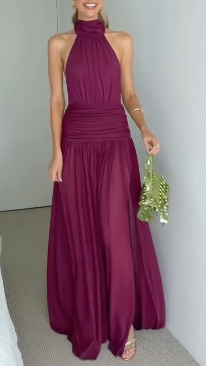 Elegant Halter Neck Pleated Waist Backless Maxi Dress