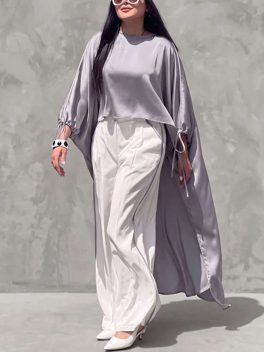Solid Color Drawstring Loose High-low Round-neck Blouses&shirts Tops