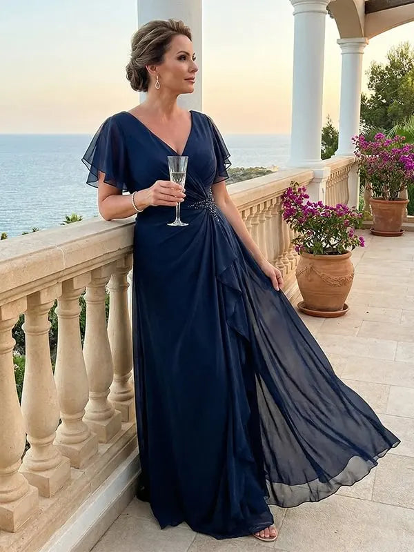 Solid Color V-neck Ruffled Chiffon Maxi Dress