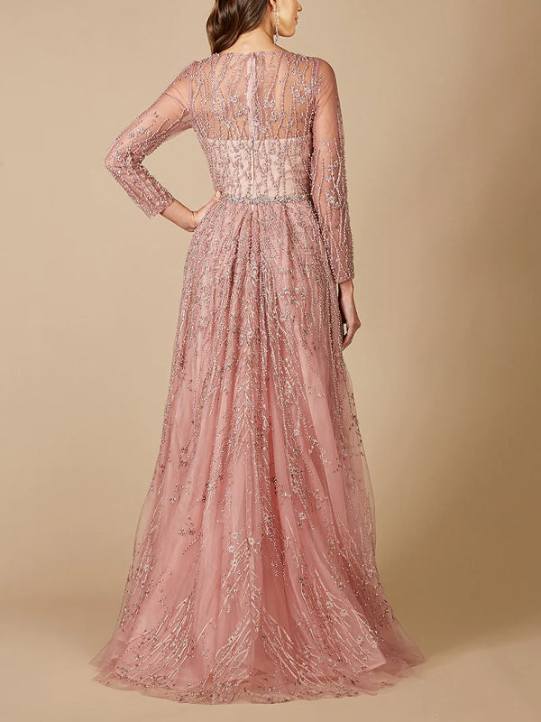 V-Neck Lace Solid Color Long Sleeves Maxi Dress