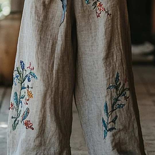 Bohemian Floral Art Printed Cotton Linen Wide Leg Pants