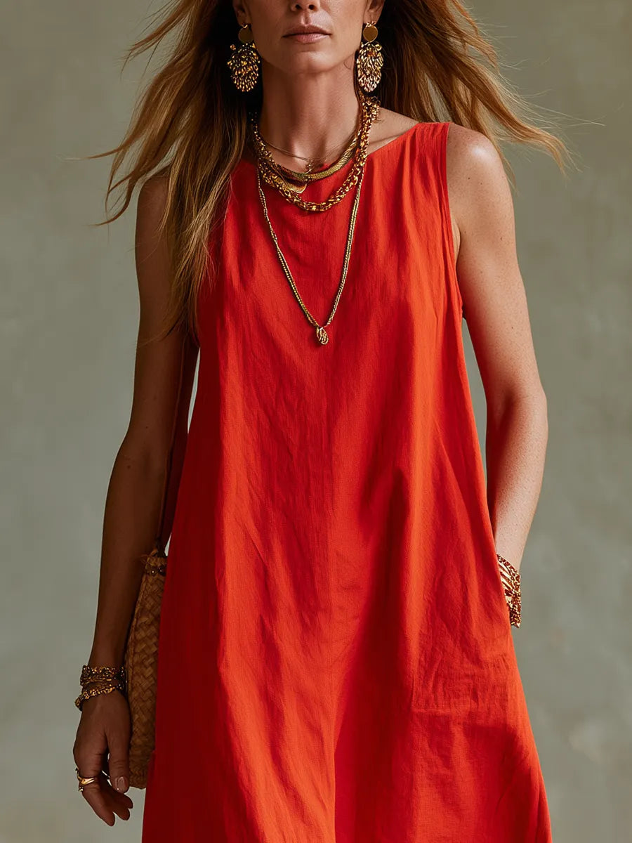 Bohemian Cotton Linen Red Maxi Dress