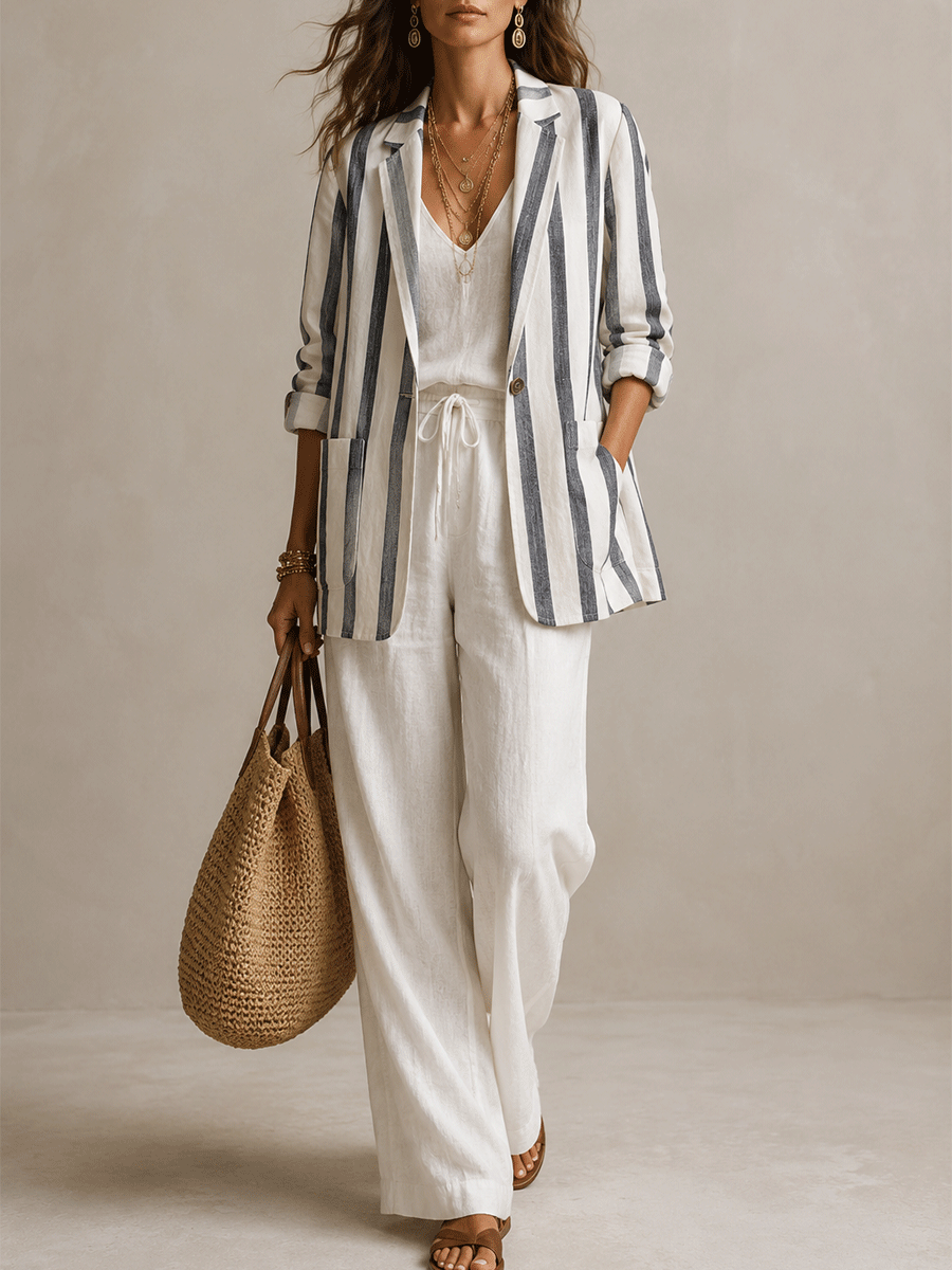 Effortless Linen Blend Oversized Ivory Pinstripe Suit Blazer