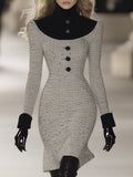 [24-hour shipping out]Retro Elegant Fashionable Stitching Velvet High Collar Tweed Midi Dress