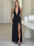 Plunge Ruched Halter Maxi Dress with High Slit