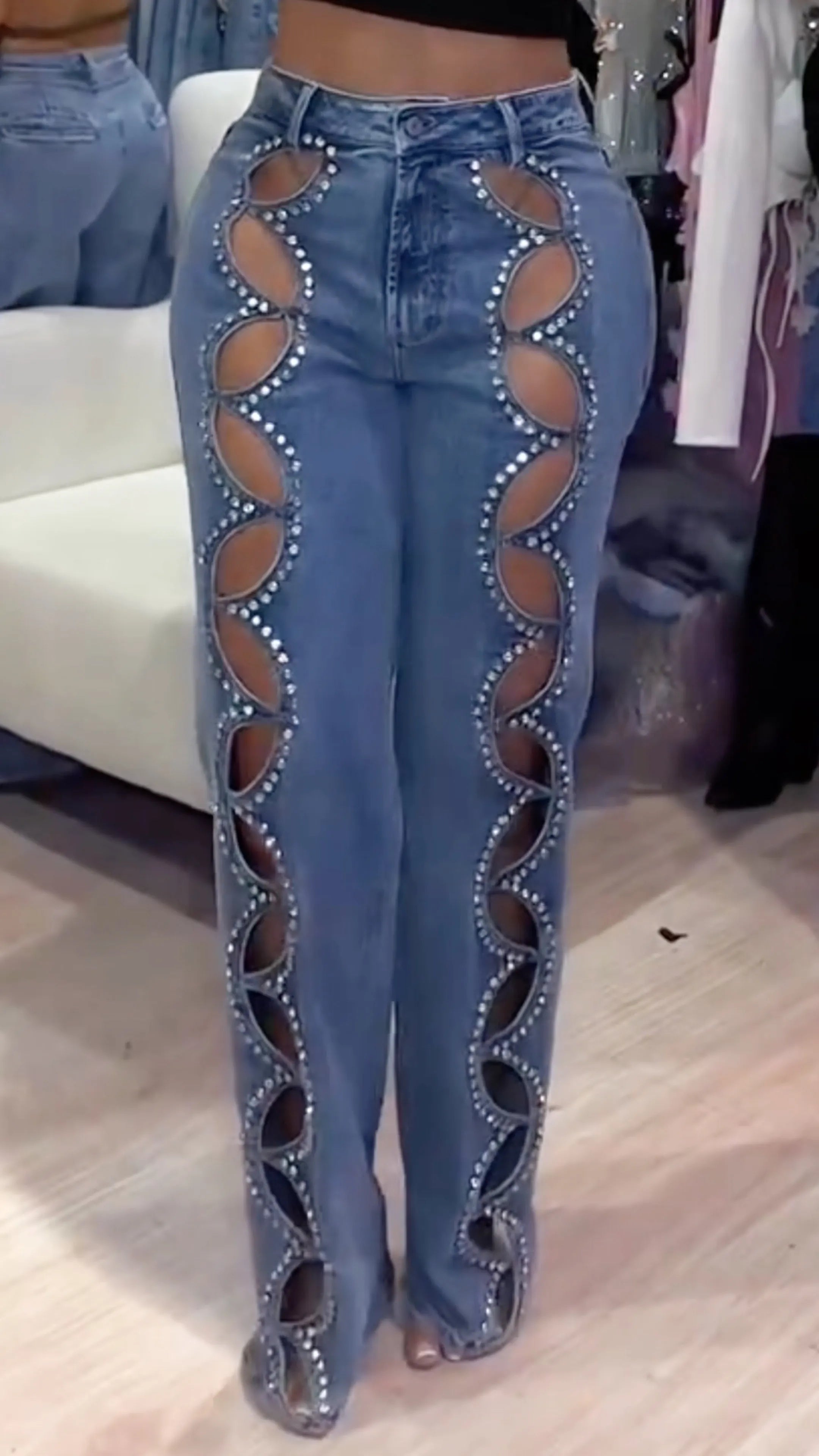 Women's Openwork Rhinestone Party Fashion Jeans