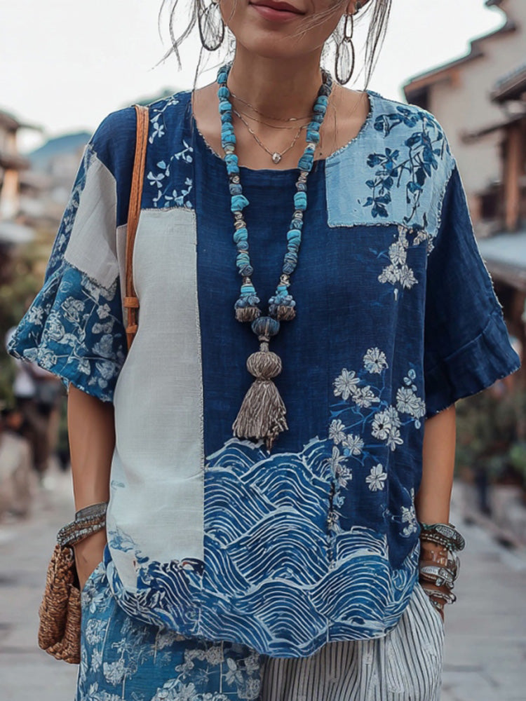 Women's Japanese Traditional Sashiko And Wave Patchwork Art Linen Short-sleeved Top