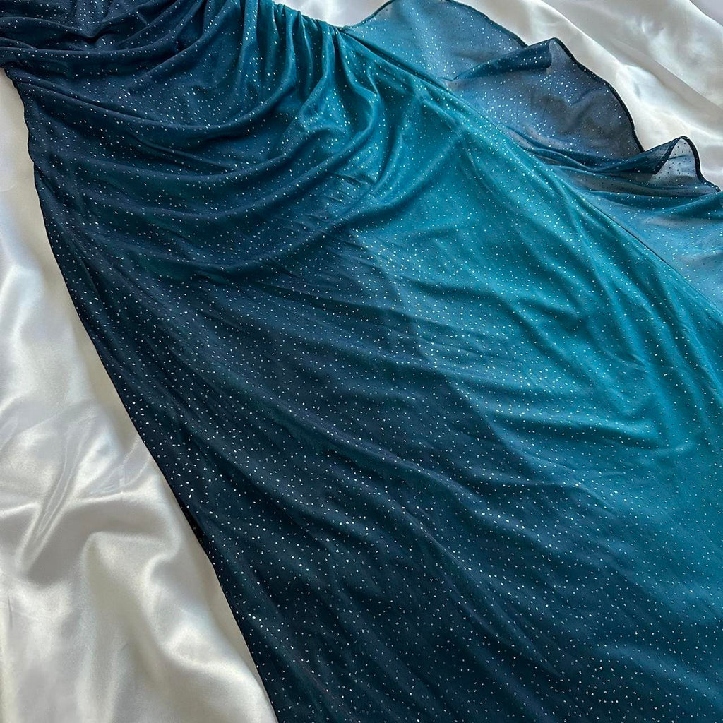 Indigo Shiny Elegant Fashion Strapless Long Tulle Prom Dress Evening Dress Birthday Party Dress