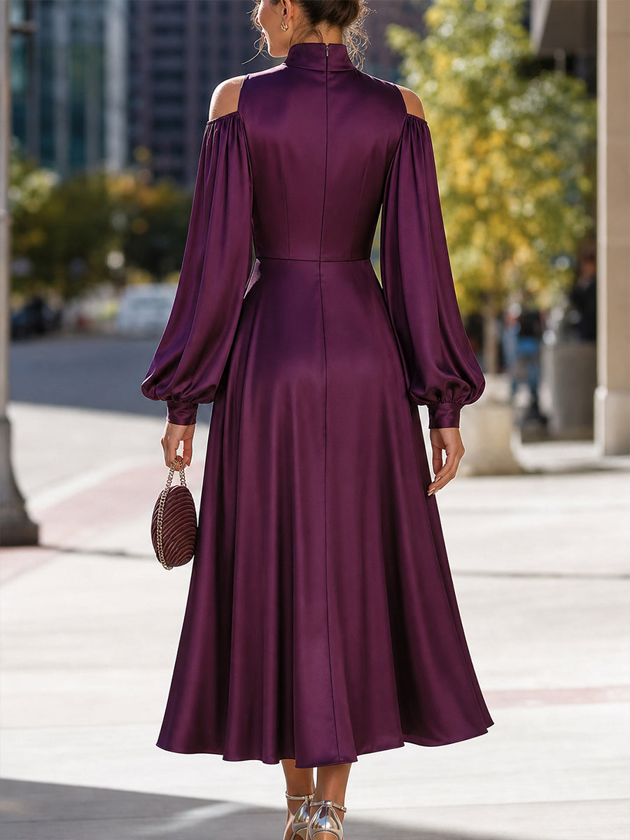 High-Neck Cold-Shoulder Satin Midi Dress