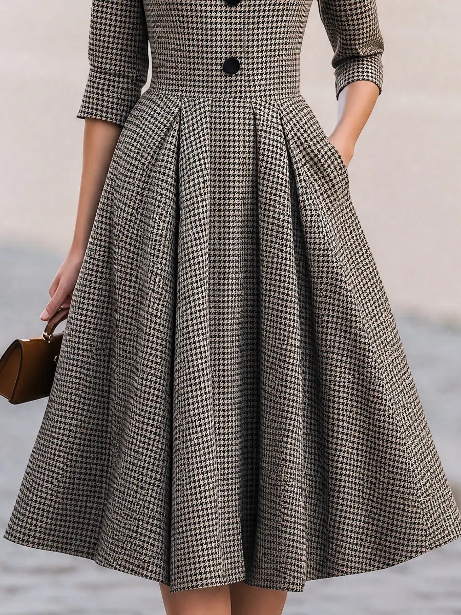 Houndstooth Collared 3/4 Sleeve Button Front A-Line Midi Dress