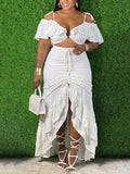 Solid Color Off-The-Shoulder Falbala Top Drawstring Asymmetric Skirt Two-Piece Suit