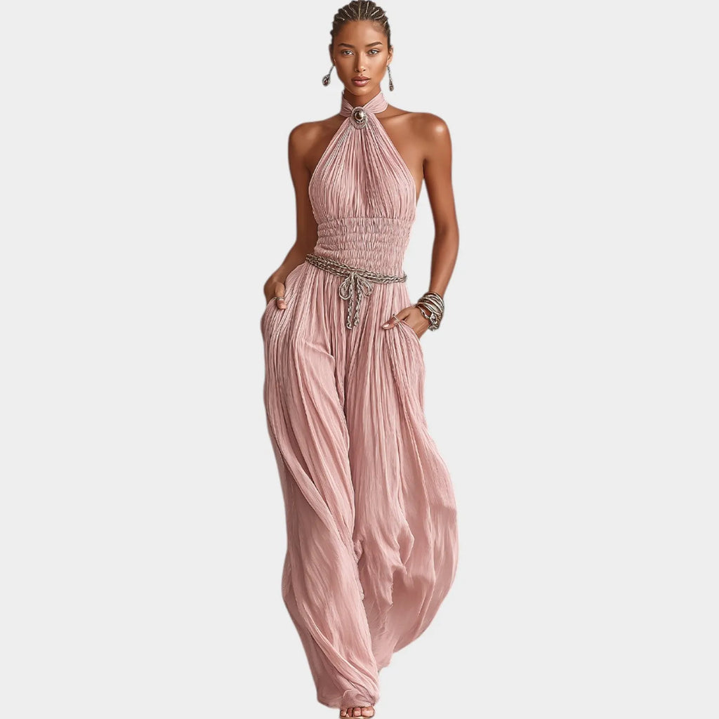 Elegant Halter-Neck Pleated Jumpsuit