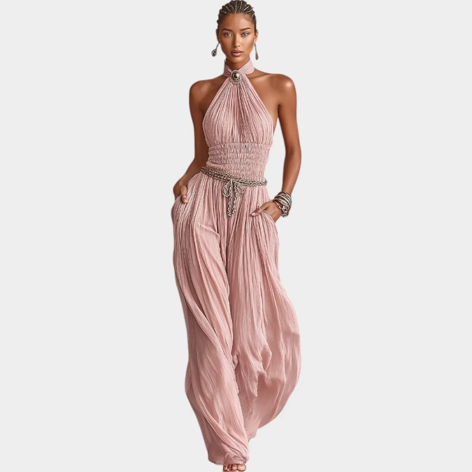 Elegant Halter-Neck Pleated Jumpsuit