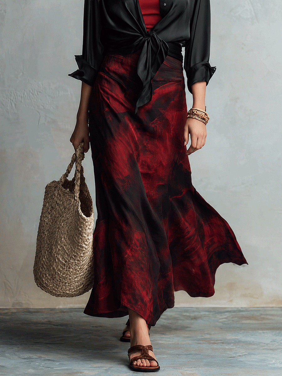 Chic Burgundy Tie-Dye Satin Maxi Skirt Black Satin Tie-Front Blouse Set