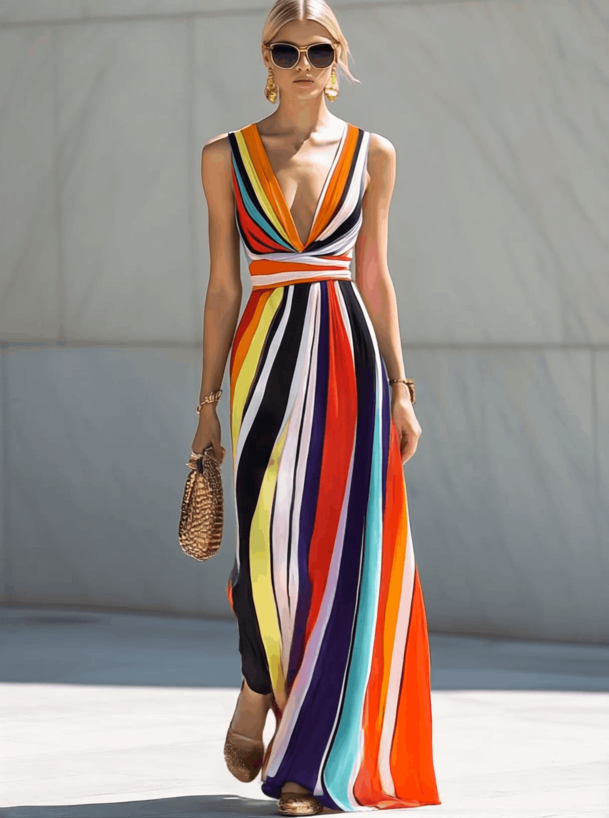 [24-hour shipping out]Elegant Flowing V-neck Rainbow Stripe Print Chiffon Maxi Dress