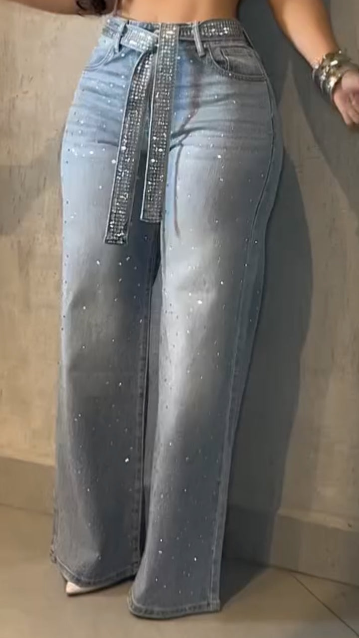 Gradient Glitter High-Waisted Wide-Leg Jeans