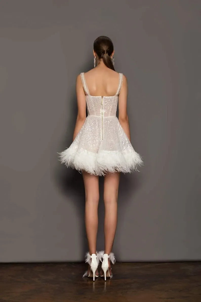 Sexy short A-line wedding dress with feathers. Wedding dress with sequin lace. Custom wedding dress, tailored to the bride's measurements.