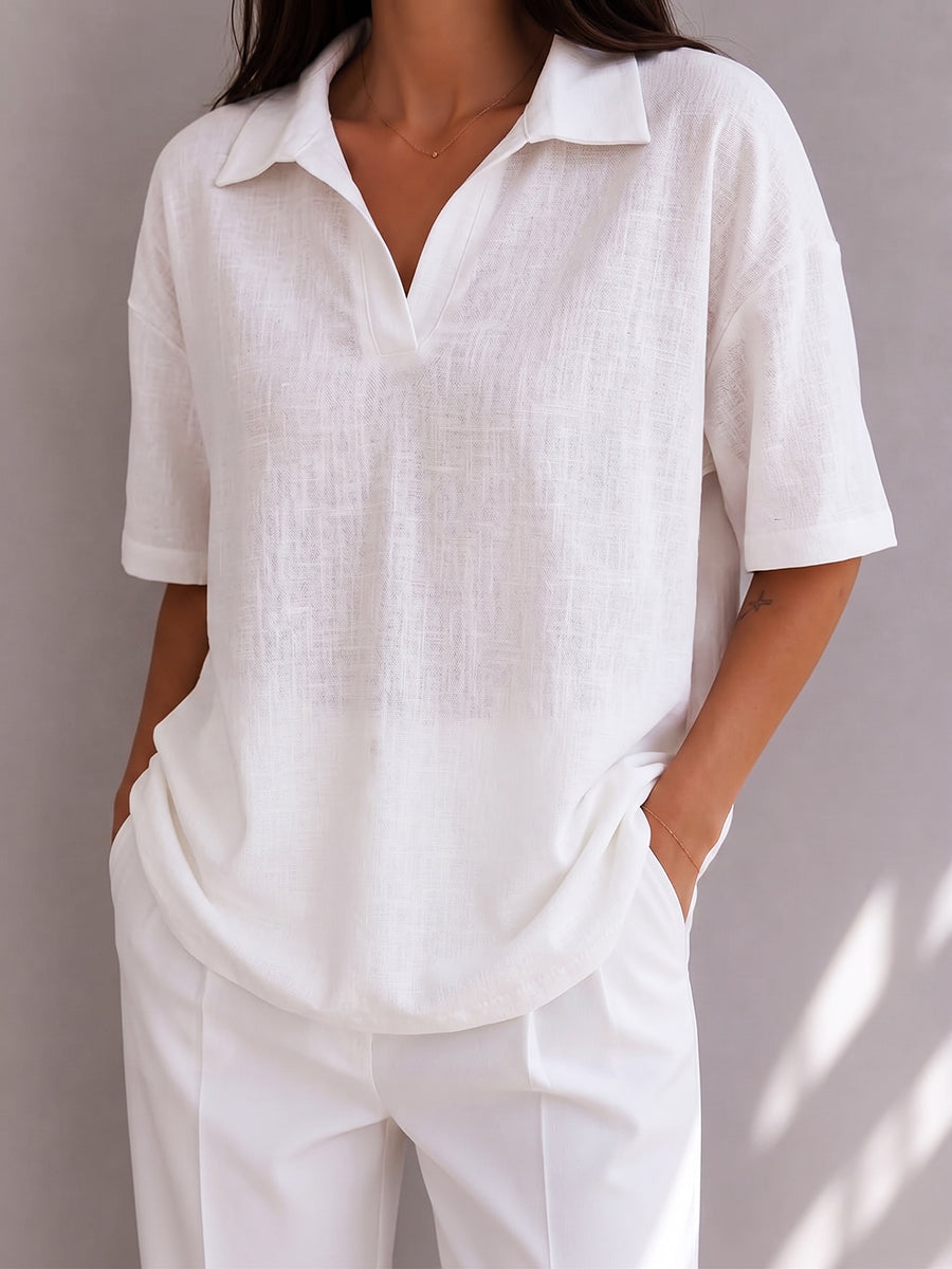 Casual & Cozy Cotton-linen Polo Blouse