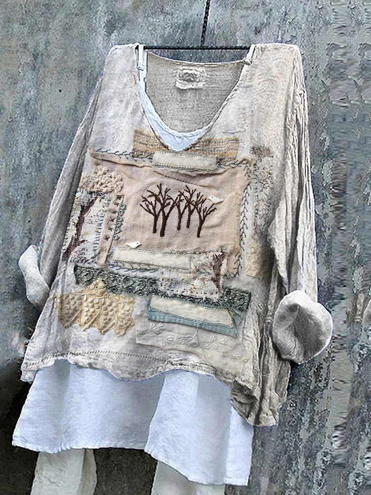 Vintage Patchwork Tree Embroidery Art Linen Blend Blouse