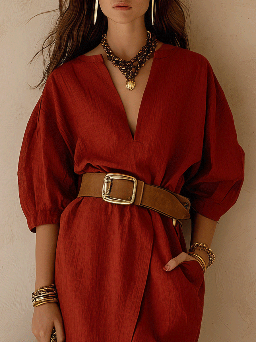 Effortless Chic Cotton-Linen Belted Deep-V Puff-Sleeve Rust Midi Dress