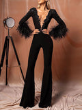 Sexy Deep V-Neck Long Sleeve Feather Wide Leg Fashion Jumpsuit