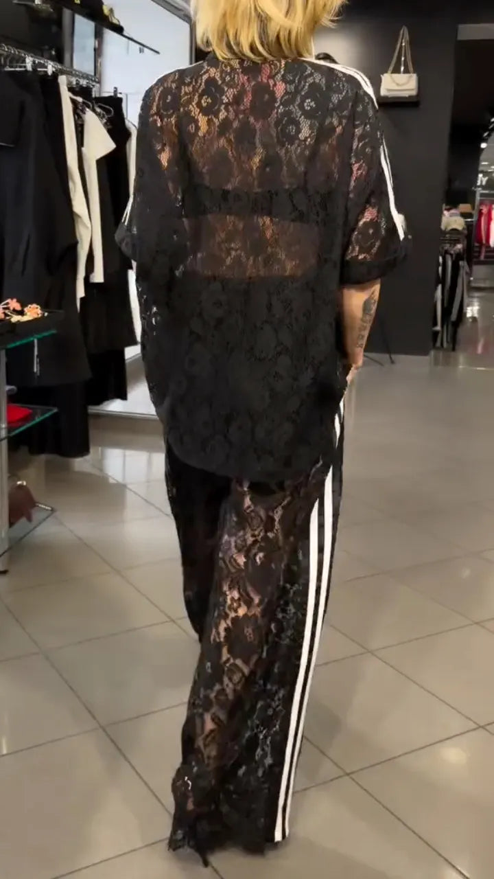 Black Lace Lapel Striped 2 Piece Set