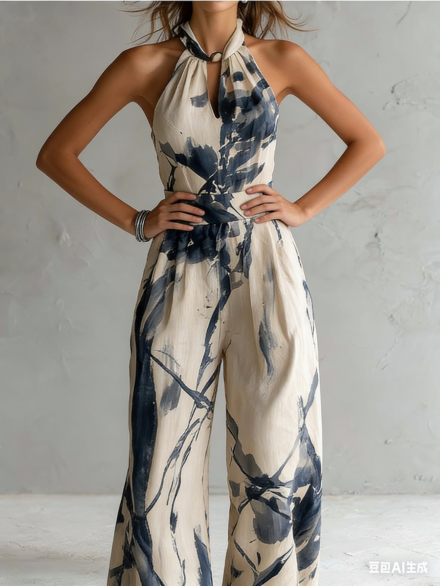 Retro-elegant Ink Wash Print Jumpsuit