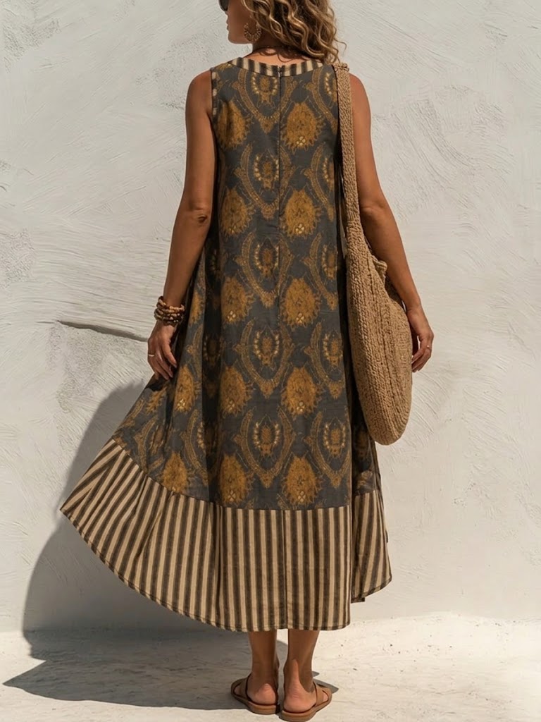 Casual Artistic Print And Striped Patchwork Sleeveless Cotton Dress
