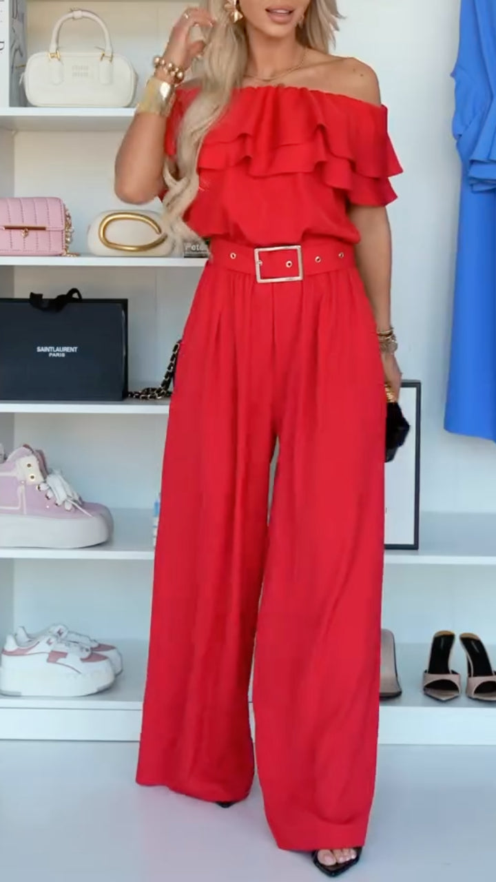 Off-Shoulder Ruffle Wide Leg Jumpsuit