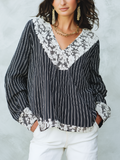 Elegant Black Lace Trim Striped Blouse