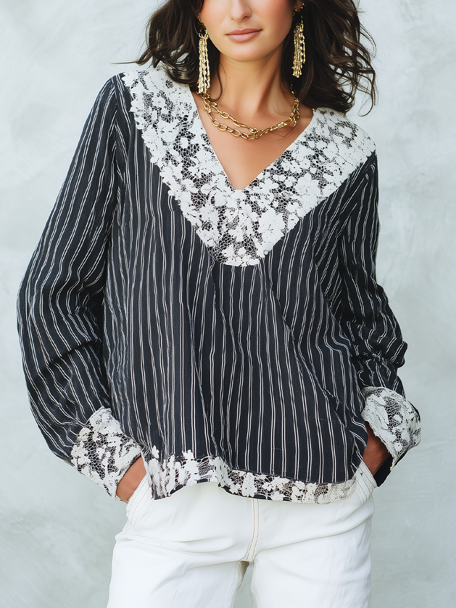 Elegant Black Lace Trim Striped Blouse