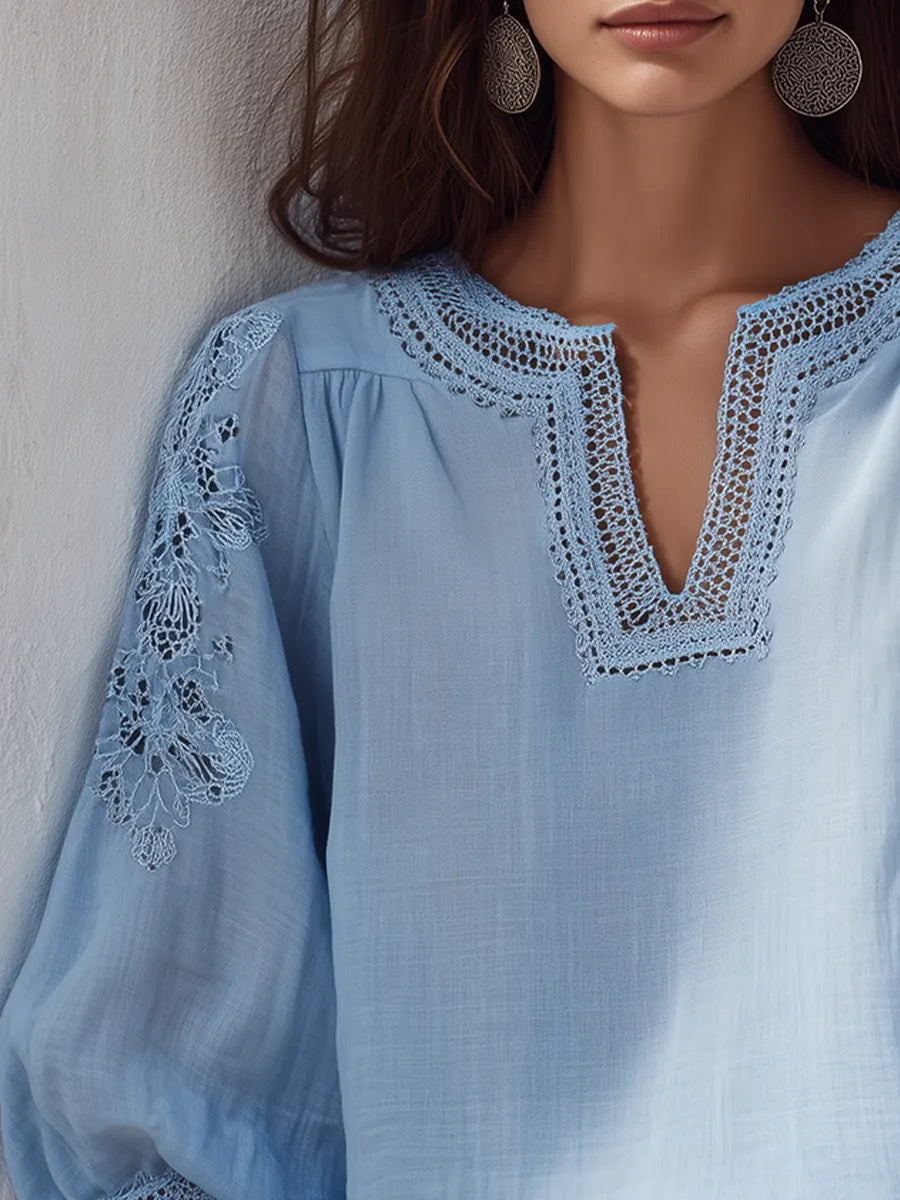 Delicate Sky Blue Lace Trim Blouse