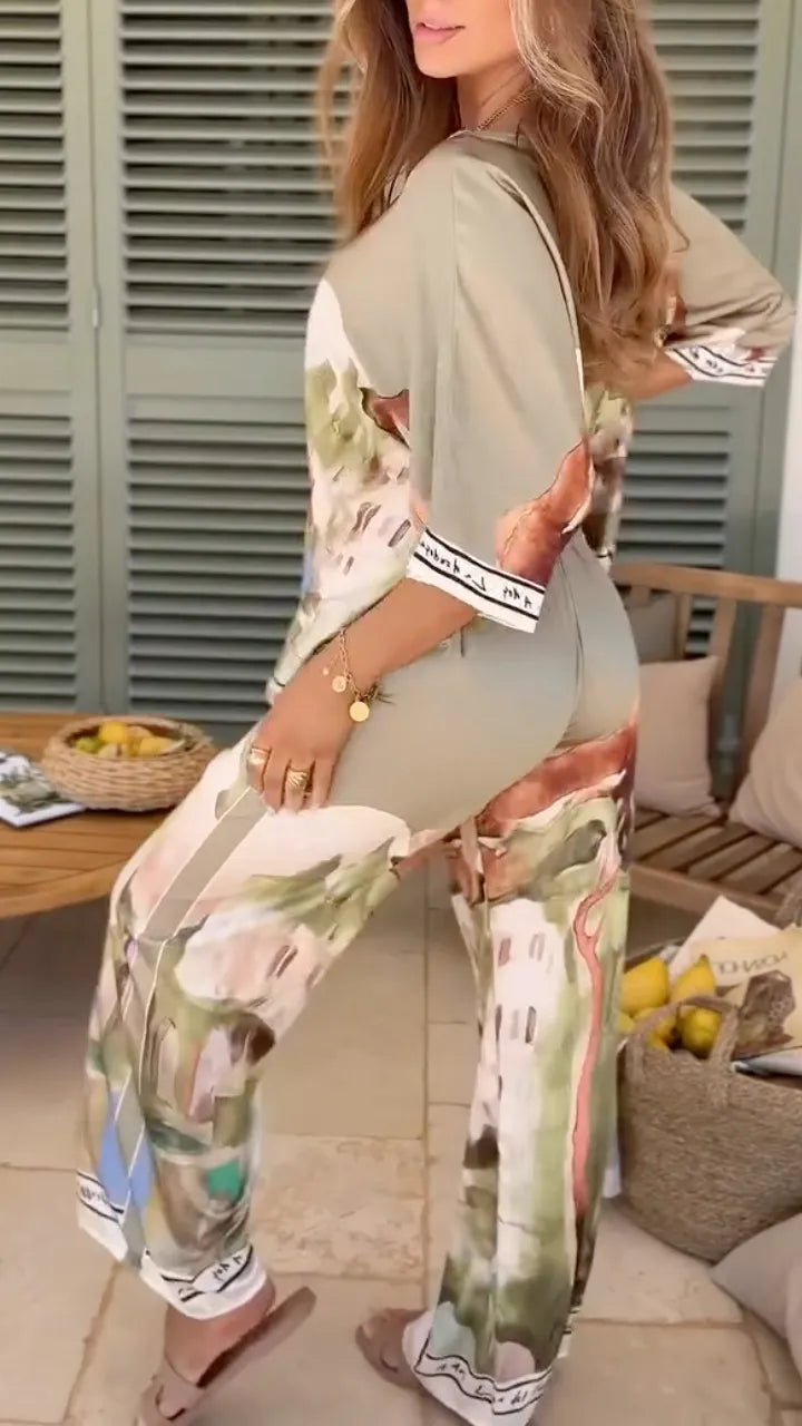 Abstract Oil Painting Printed Short Sleeve Top Wide Leg Pants Set