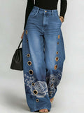 Women's Floral Art Print Casual Stylish Hollow Denim Pants