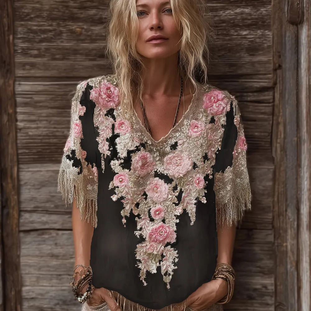 Women's Rose Flower V-neck Vintage Linen Short-sleeve Shirt