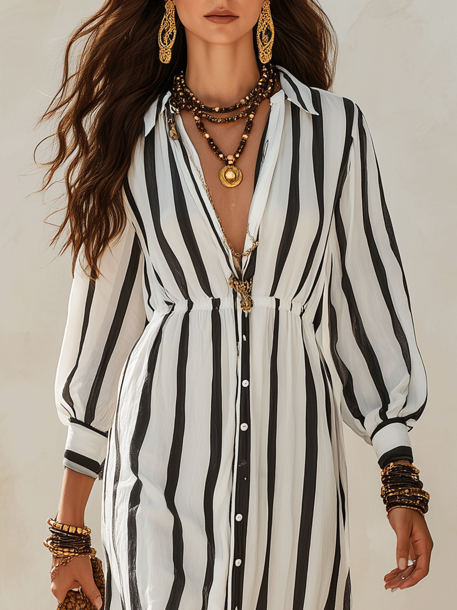 Bohemian Resort Black & White Stripe Button-Front Maxi Shirt Dress