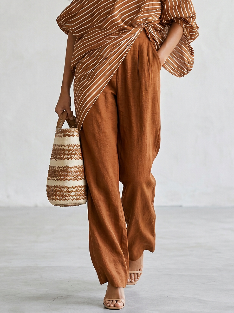 Contrast Stripe Oversized Top & Solid Palazzo Pants Two-Piece Set