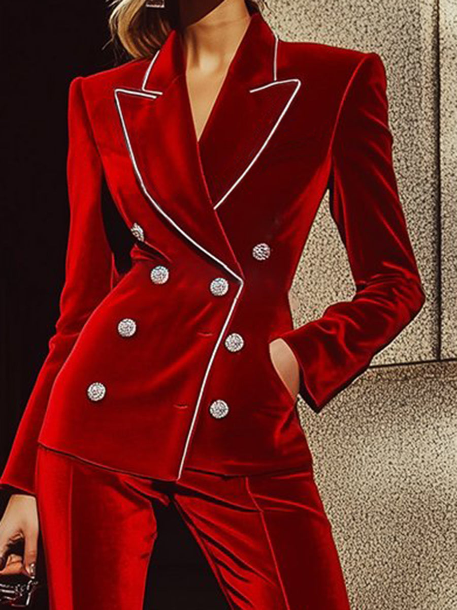[24-hour shipping]High-End Fashion Red Velvet Suit With Silver Trim