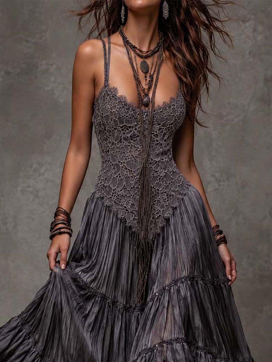 Dark Gray Lace Bodice Tiered Crinkle Maxi Dress